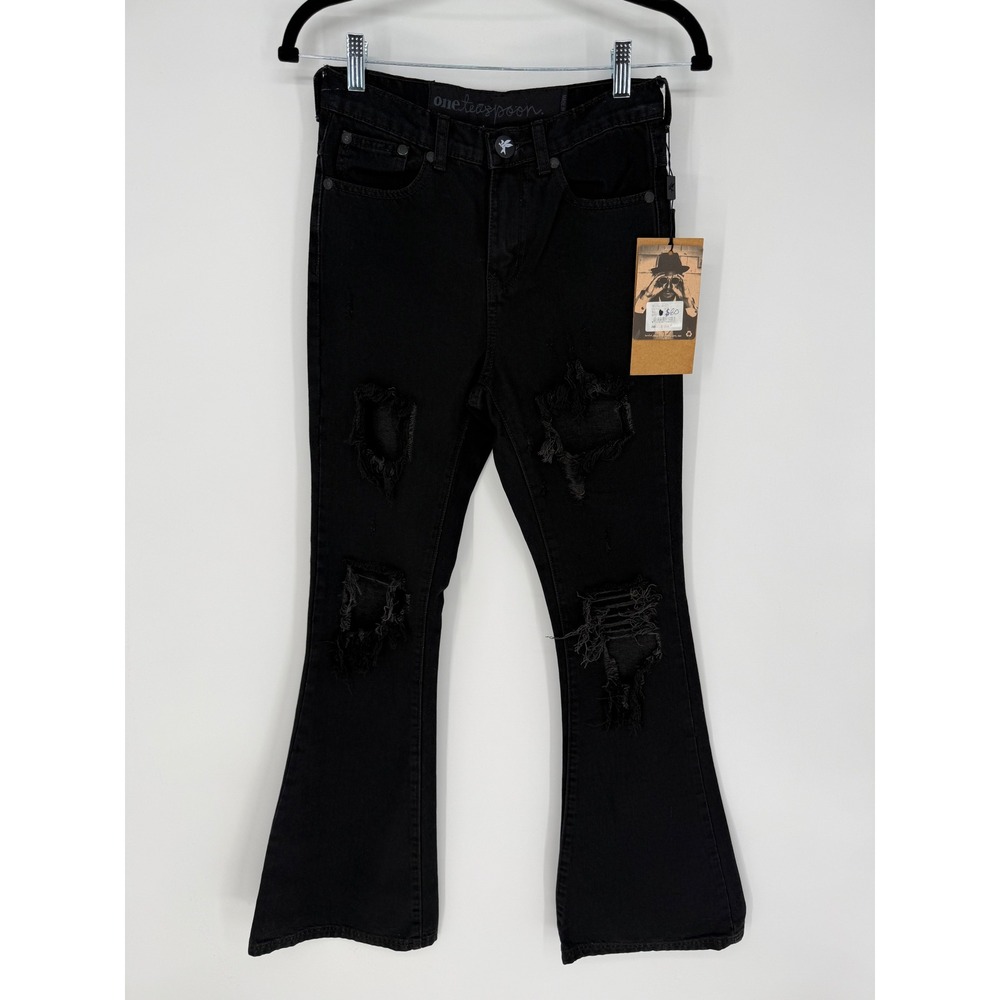 ONE TEASPOON STEVIE'S FLARE JEANS JET BLACK WASH DISTRESSED 100% COTTON NWT 24